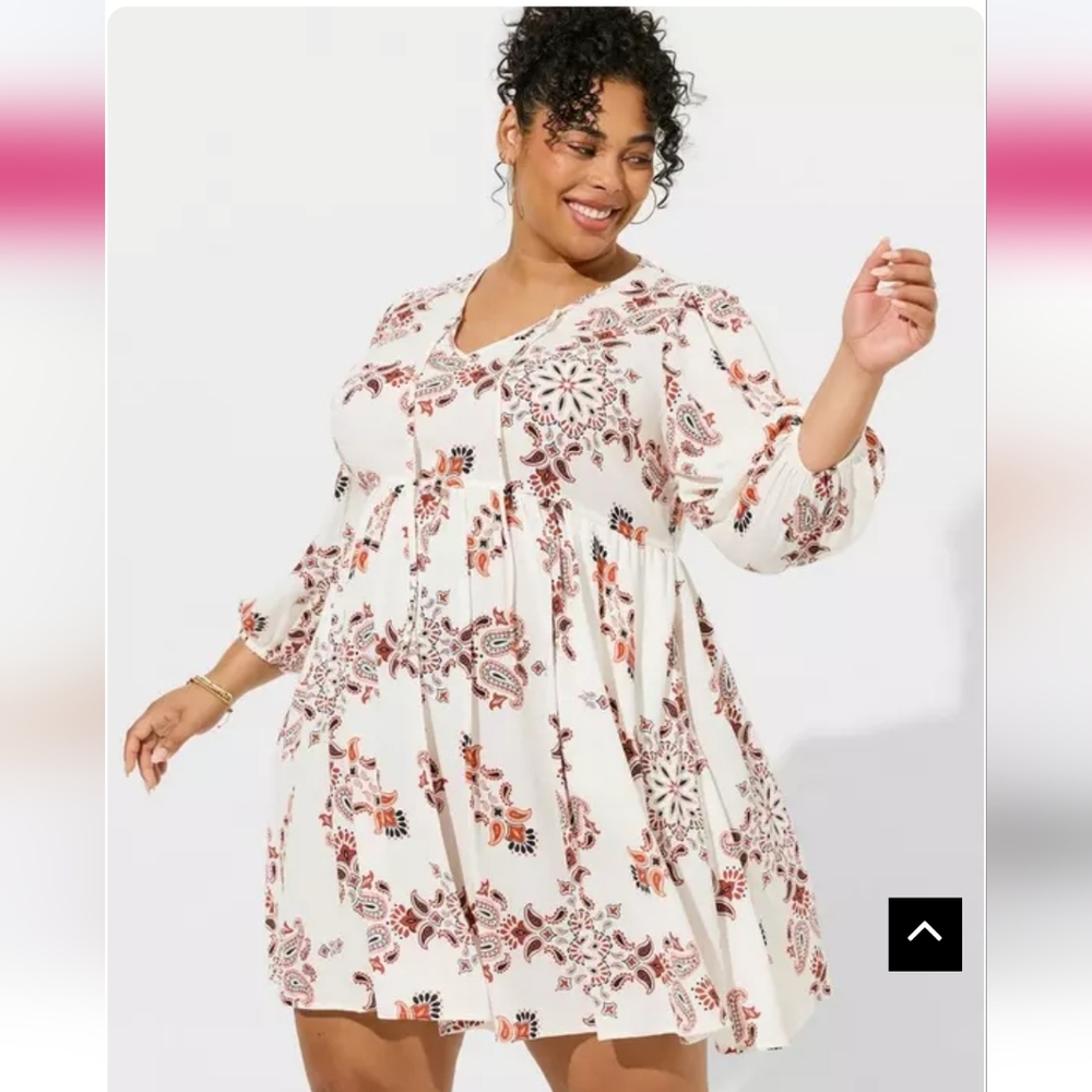 Torrid Boho Chic Floral Paisley Empire Waist Mini Dress - Cream/Rust Sz 12